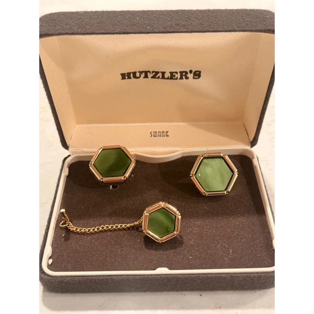 Vintage Swank Green Hexagon Cufflinks and Tie Tac Set Gold Tone with Box